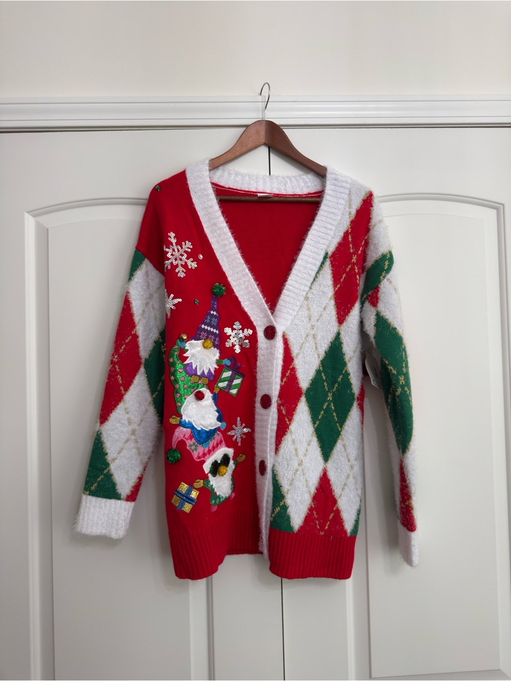 Holiday Time Red, Green and White Argyle Gnome Holiday Cardigan